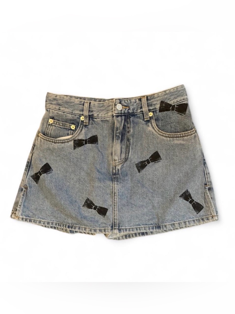MO&Co. Denim Mini Skort with Black Bow Print